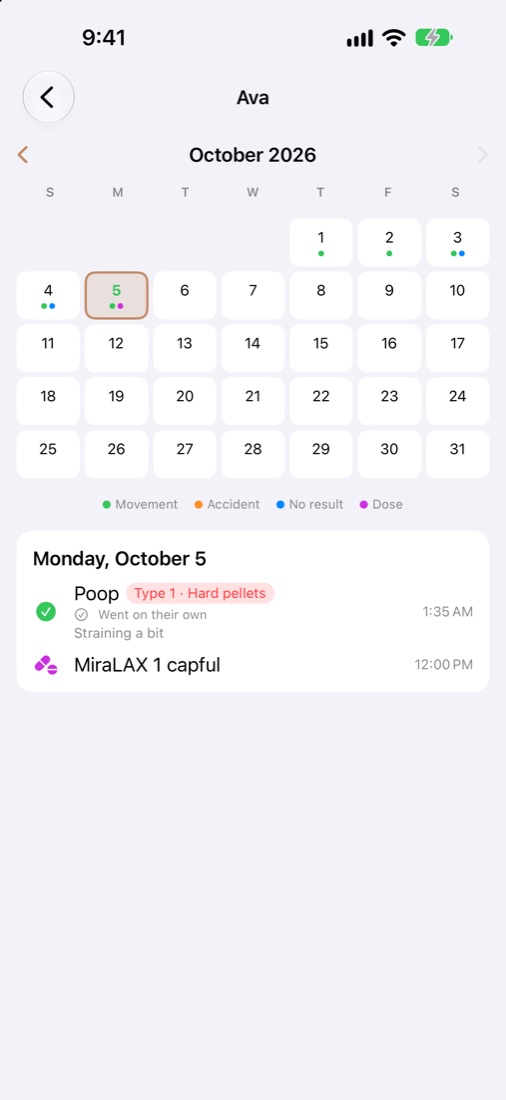 Monthly calendar with colored dots for movements, accidents, no results and doses
