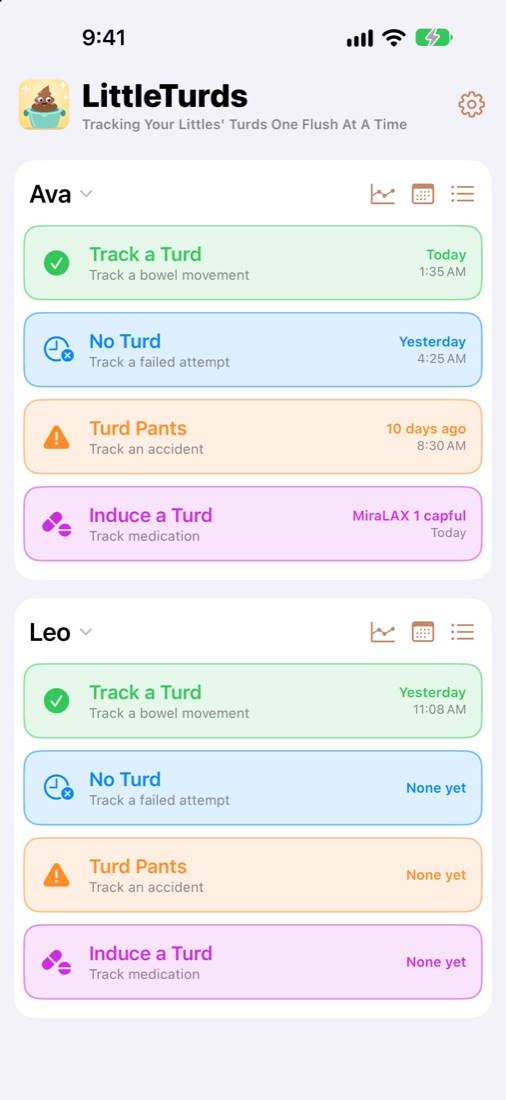 Home screen with one-tap buttons for each child: Track a Turd, No Turd, Turd Pants and Induce a Turd